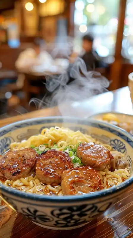 A steaming bowl of ramen on a wooden counter, ultra-detailed noodles and sliced pork, steam rising with ambient backlight, blurred interior of a Japanese izakaya in background
