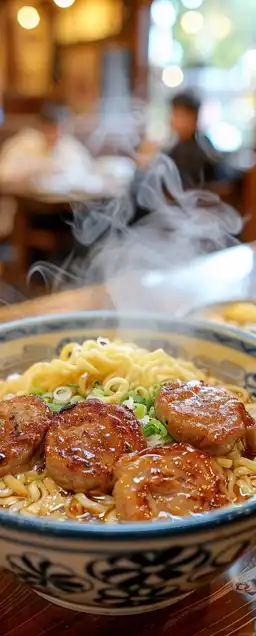 A steaming bowl of ramen on a wooden counter, ultra-detailed noodles and sliced pork, steam rising with ambient backlight, blurred interior of a Japanese izakaya in background