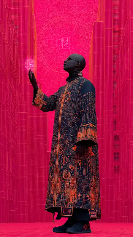 A cyber sorcerer casting glowing runes in a neon alley, floating holographic glyphs swirling around him, long robe flowing with embedded circuitry, buildings pulsing pink and electric blue