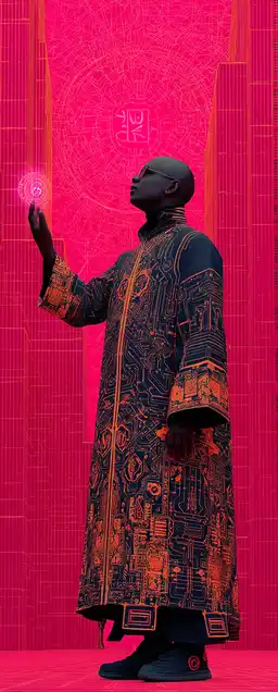 A cyber sorcerer casting glowing runes in a neon alley, floating holographic glyphs swirling around him, long robe flowing with embedded circuitry, buildings pulsing pink and electric blue