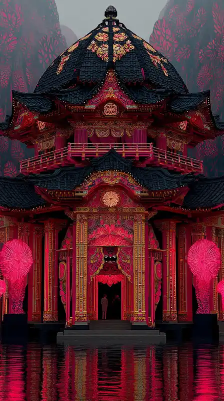 A floating neon temple guarded by mechanical phoenixes, the sky lit with shifting auroras, rivers of holographic light flowing through the sky like veins
