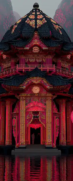 A floating neon temple guarded by mechanical phoenixes, the sky lit with shifting auroras, rivers of holographic light flowing through the sky like veins
