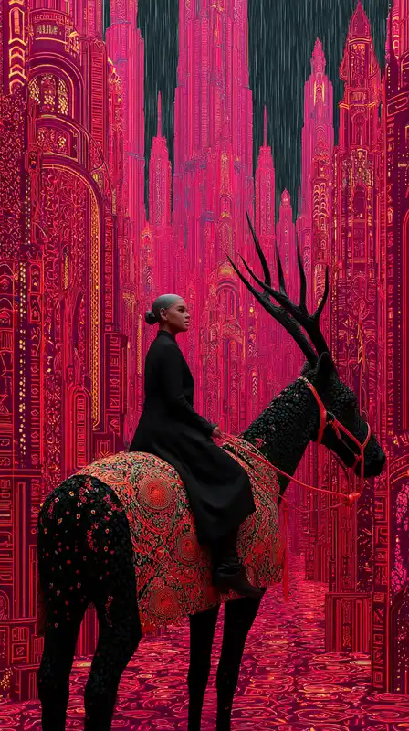 A mystical girl with glowing antlers riding a techno-unicorn through a city of crystal towers, rain falling in slow motion, all lit by shifting neon gradients