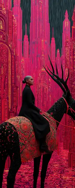 A mystical girl with glowing antlers riding a techno-unicorn through a city of crystal towers, rain falling in slow motion, all lit by shifting neon gradients