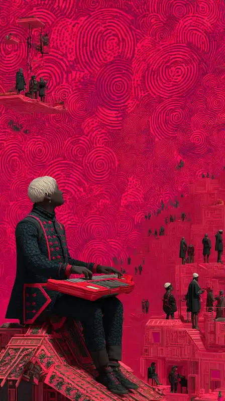 A cyberpunk bard playing a synth-harp on a rooftop, floating sound waves visualized as glowing spirals, audience of androids and elves watching from hover platforms