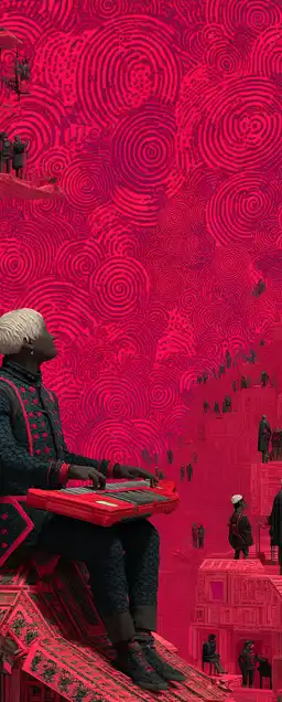 A cyberpunk bard playing a synth-harp on a rooftop, floating sound waves visualized as glowing spirals, audience of androids and elves watching from hover platforms