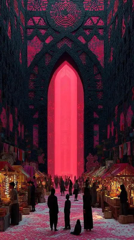 A portal opening in the middle of a neon market, revealing a fantasy world bathed in glowing light, surprised vendors and creatures caught mid-motion, dreamlike perspective