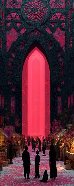 A portal opening in the middle of a neon market, revealing a fantasy world bathed in glowing light, surprised vendors and creatures caught mid-motion, dreamlike perspective