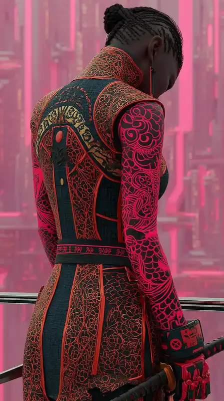 An armored warrior with a dragon tattoo glowing down her arm, standing on a glass bridge above a floating megacity, neon lights reflected in her blade 
