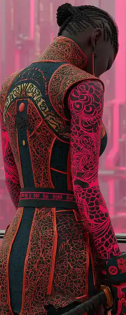 An armored warrior with a dragon tattoo glowing down her arm, standing on a glass bridge above a floating megacity, neon lights reflected in her blade 