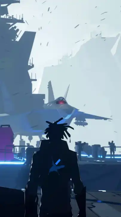 a black man with dread locks in a straight jacket standing infront of a fighter jet