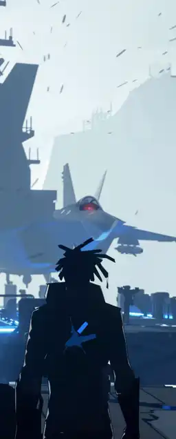 a black man with dread locks in a straight jacket standing infront of a fighter jet