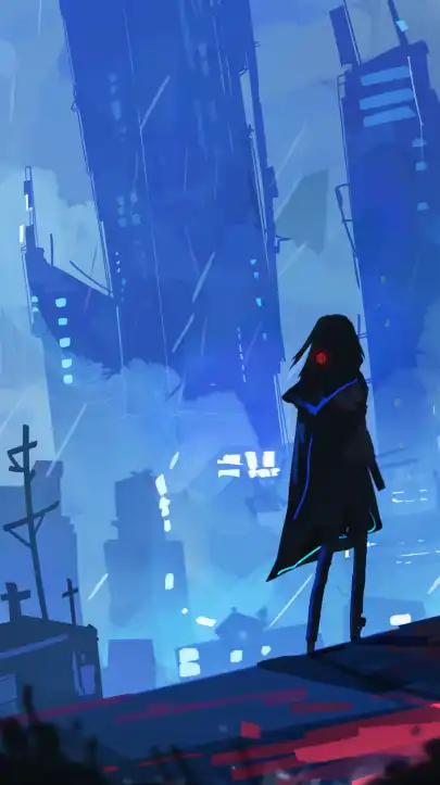 a female cyberpunk walking in a futuristic neon lit city