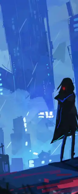 a female cyberpunk walking in a futuristic neon lit city