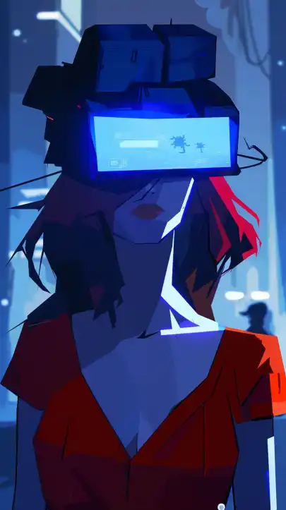 fashion shot of a cyberpunk with a headsup display google