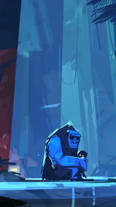 a gorilla holding its baby in the jungle