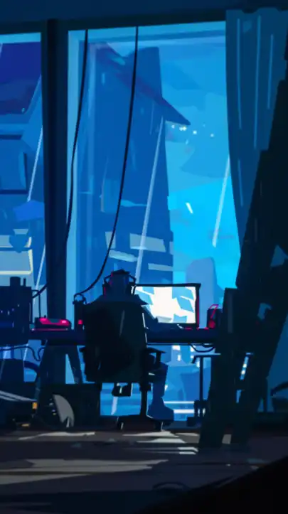 a hacker sitting in front of his laptop in his hacker hideout filled with electronics and cables