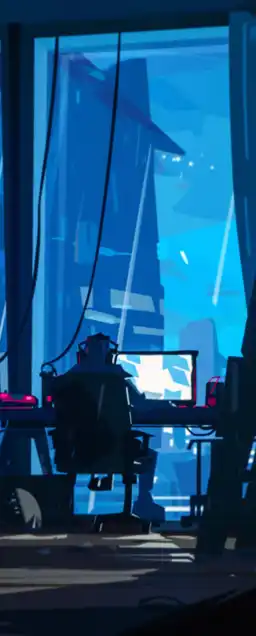 a hacker sitting in front of his laptop in his hacker hideout filled with electronics and cables