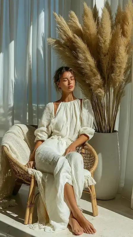 A woman in a flowing white linen dress sitting barefoot on a rattan chair, surrounded by pampas grass and soft cotton throws, sunlight casting warm shadows through sheer curtains