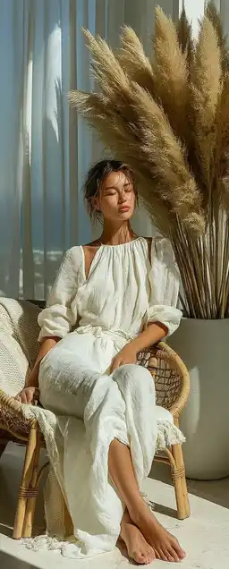 A woman in a flowing white linen dress sitting barefoot on a rattan chair, surrounded by pampas grass and soft cotton throws, sunlight casting warm shadows through sheer curtains
