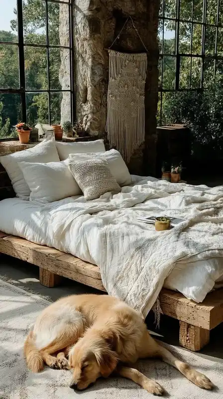 A serene bohemian bedroom with layered cream textiles, natural wood bedframe, macramé wall art, and a sleeping dog curled near a large sunlit window