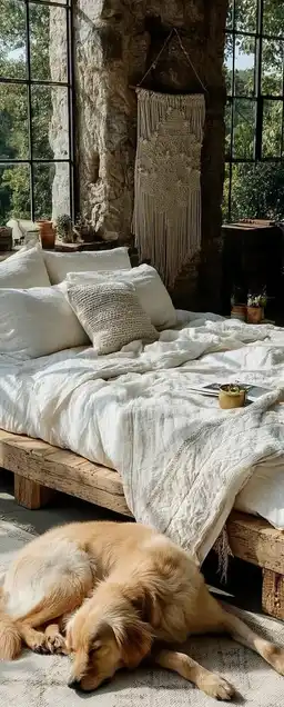 A serene bohemian bedroom with layered cream textiles, natural wood bedframe, macramé wall art, and a sleeping dog curled near a large sunlit window