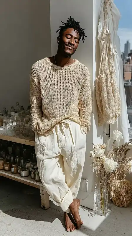 A lifestyle portrait of a man wearing relaxed-fit cream pants and a textured knit sweater, standing barefoot in a minimal room filled with light and soft shadows