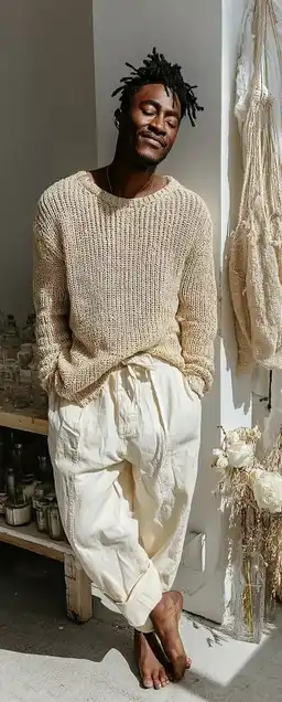 A lifestyle portrait of a man wearing relaxed-fit cream pants and a textured knit sweater, standing barefoot in a minimal room filled with light and soft shadows