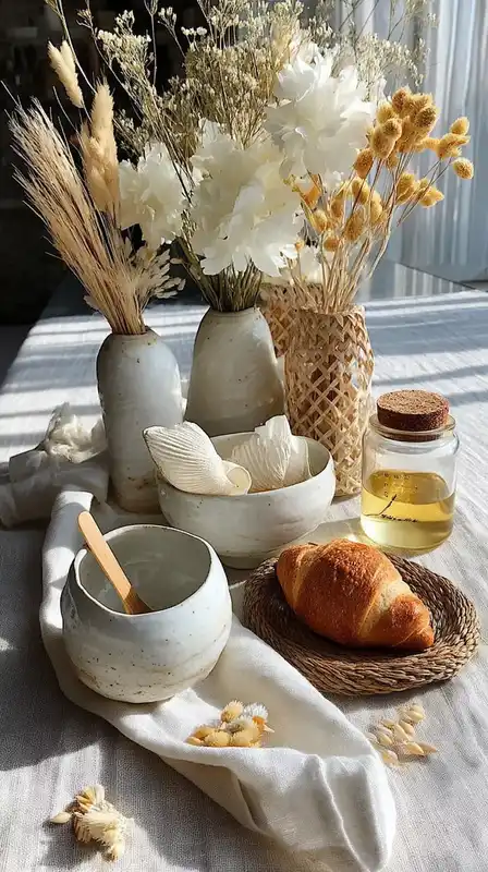 Flat lay of handmade ceramic cups, dried florals, and woven table mats on a natural linen cloth, sunlight forming gentle patterns across the soft-toned arrangement