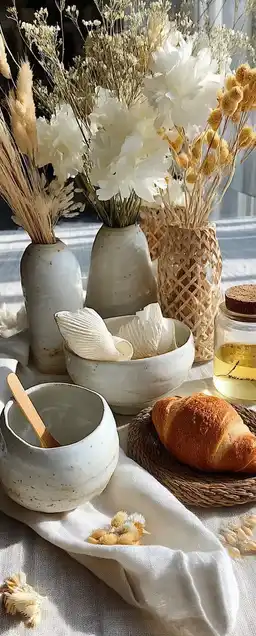 Flat lay of handmade ceramic cups, dried florals, and woven table mats on a natural linen cloth, sunlight forming gentle patterns across the soft-toned arrangement