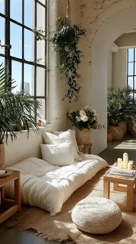 An open boho living space with off-white walls, jute rugs, hanging plants, and raw wooden furniture, golden-hour light washing the scene in warmth