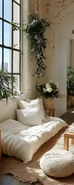 An open boho living space with off-white walls, jute rugs, hanging plants, and raw wooden furniture, golden-hour light washing the scene in warmth