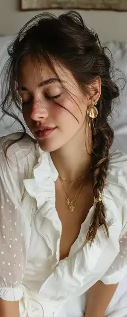 A gentle portrait of a woman lying on a white bed, braided hair and minimal jewelry, soft ambient lighting with delicate shadows and muted tones