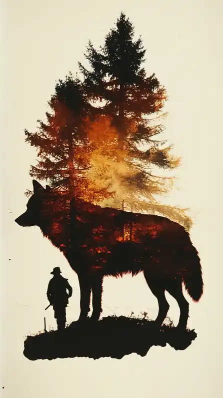 silhuette of a wolf and a trapper and forrest
