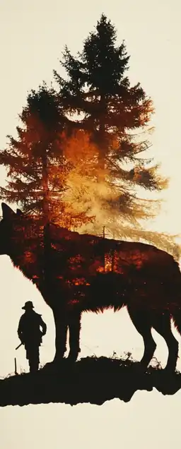 silhuette of a wolf and a trapper and forrest