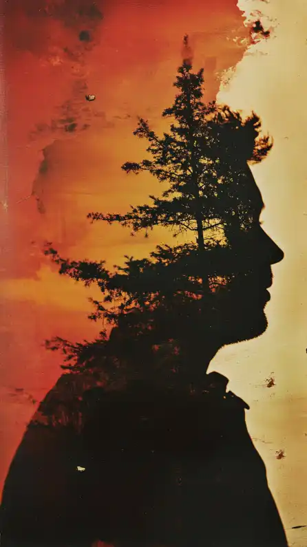 a double exposure of a male close up shot and a forrest
