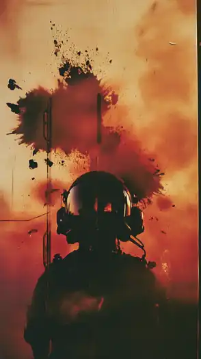 a double expsure of a fighter jet pilot and a fighter jet with explosions