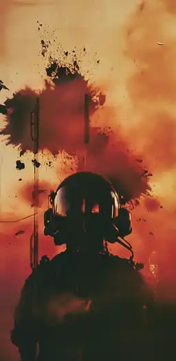 a double expsure of a fighter jet pilot and a fighter jet with explosions