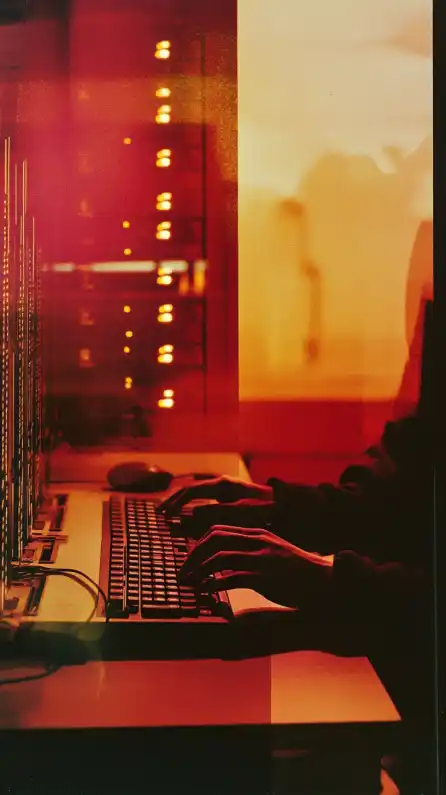 a server room and hands on a keyboard double exposure