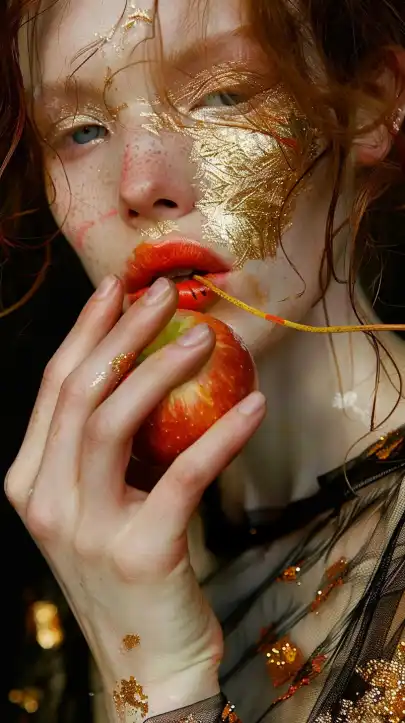 close up shot of a top model eating an apple