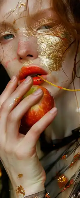 close up shot of a top model eating an apple