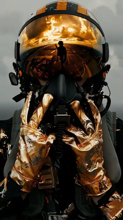 cinematic shot of an fighter jet pilot with his helmet