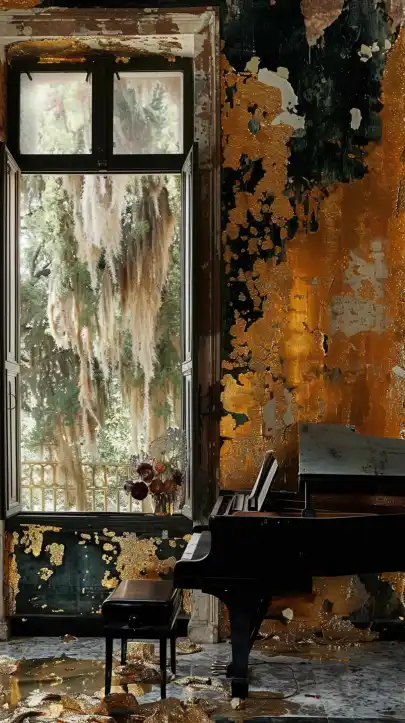 an abandoned villa with an piano standing in front of a window