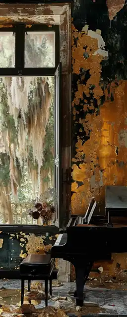 an abandoned villa with an piano standing in front of a window