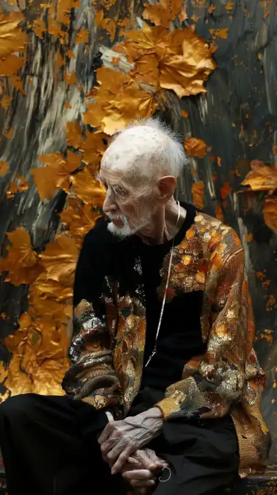 Generate a realistic image of an elderly man. He should have distinct facial features that showcase his age, with wrinkles and gray hair. The setting can be a cozy room with warm lighting, or perhaps an outdoor scene in a park during autumn. Ensure the elderly man appears joyful or contemplative, capturing the essence of wisdom and experience in his expression. Focus on detail in his clothing as well, reflecting a casual but respectful style, such as a sweater and slacks.