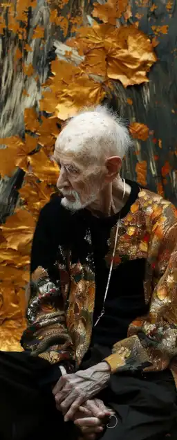 Generate a realistic image of an elderly man. He should have distinct facial features that showcase his age, with wrinkles and gray hair. The setting can be a cozy room with warm lighting, or perhaps an outdoor scene in a park during autumn. Ensure the elderly man appears joyful or contemplative, capturing the essence of wisdom and experience in his expression. Focus on detail in his clothing as well, reflecting a casual but respectful style, such as a sweater and slacks.