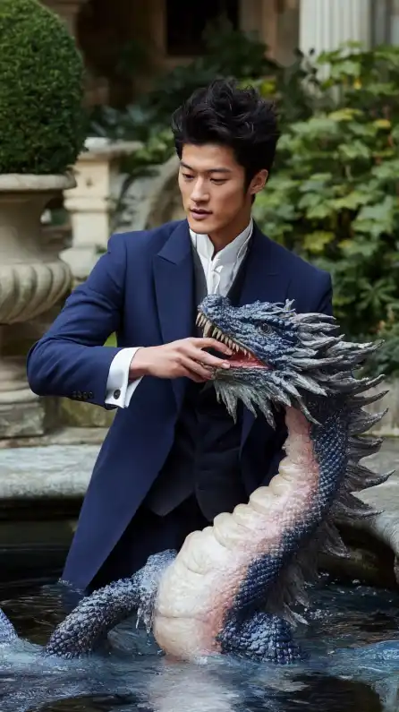 a asian man in a suit petting a dragon made out of water