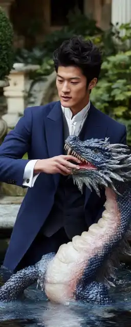 a asian man in a suit petting a dragon made out of water