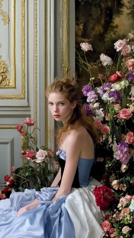 a female in a barrok dress sitting a classic room with a lot of flowers