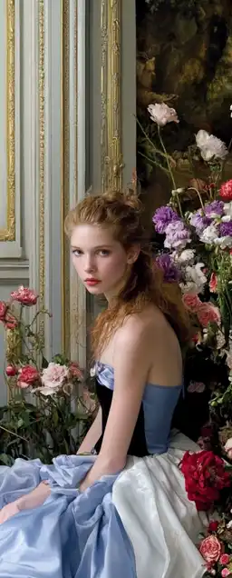 a female in a barrok dress sitting a classic room with a lot of flowers